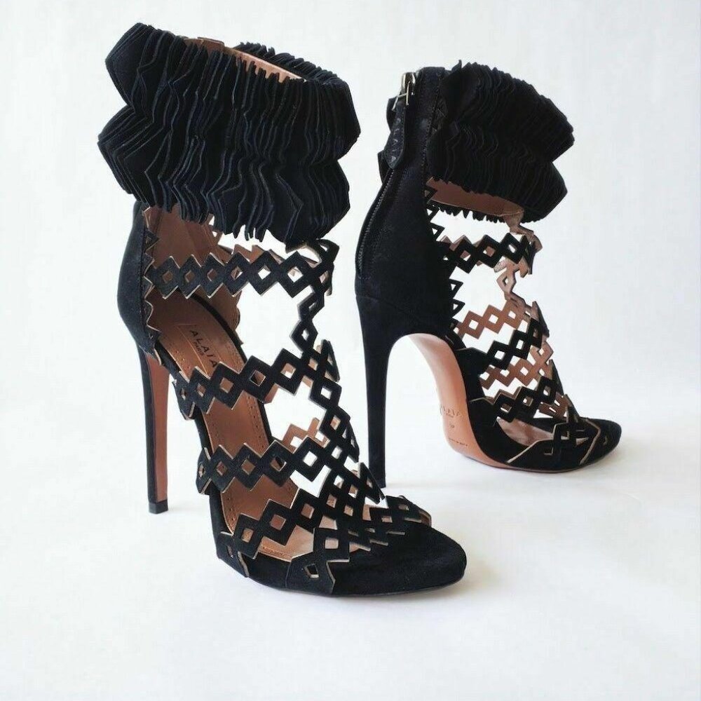 ALAÏA Black Laser-Cut Suede Strappy Platform Sandals Size US 6/36 EU $1820.00
